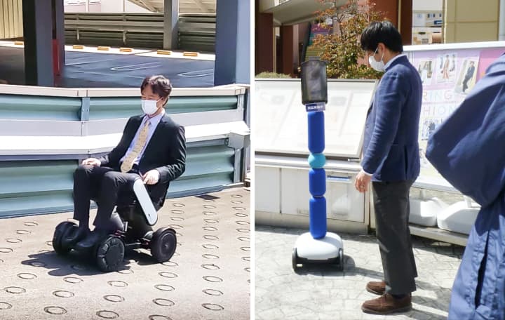 写真：東京都立大学キャンパス内で5G活用に向けて行われている自動車椅子や店舗案内・買物ロボットの実証実験
