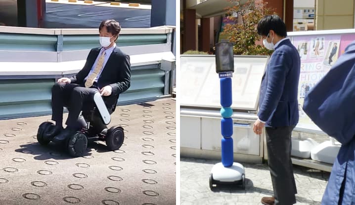 写真：東京都立大学キャンパス内で、5G活用に向けて行われている自動車椅子や店舗案内・買物ロボットの実証実験